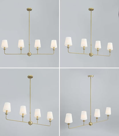 4-Light Brushed Gold Chandelier, Height Adjustable Island Dining Room Light with White Fabric Shades, E12 Base, Farmhouse & Industrial Style for Kitchen Living Room