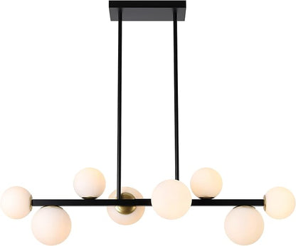 Jonsi Dining Room Light Fixture Over Table, Mid Century Chandeliers, Modern 8 Lights Globe Glass Linear Chandelier Adjustable Ceiling Hanging for Living Dining Room Kitchen Island, Black and Gold