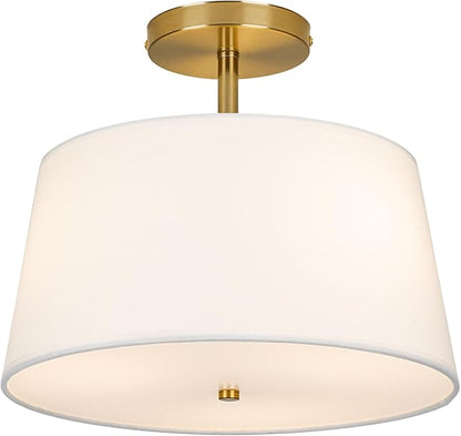 CALOKES Modern Cone-Shaped Semi Flush Mount Ceiling Light Fixture, 3-Light Drum Lamp with Gold Brass Finish and White Fabric Shade for Bedroom, Kitchen, Dining Room, Hallway, Entryway, and Foyer