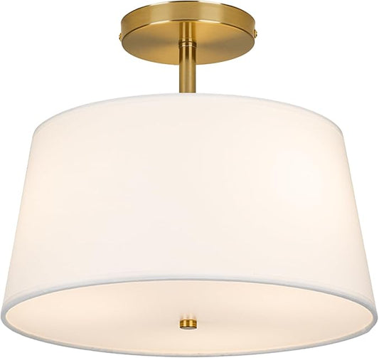 CALOKES Modern Cone-Shaped Semi Flush Mount Ceiling Light Fixture, 3-Light Drum Lamp with Gold Brass Finish and White Fabric Shade for Bedroom, Kitchen, Dining Room, Hallway, Entryway, and Foyer