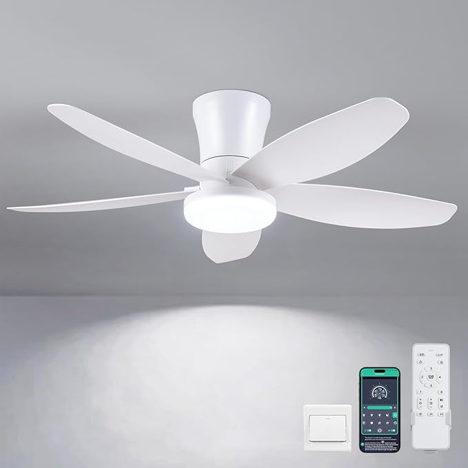 Surtime Ceiling Fans with Lights-36 Low Profile Ceiling Fan with Light and Remote/APP Control,Flush Mount,DC Reversible,LED Dimmable Modern Ceiling Fans for Bedroom,Indoor/Outdoor Patio Use(White)
