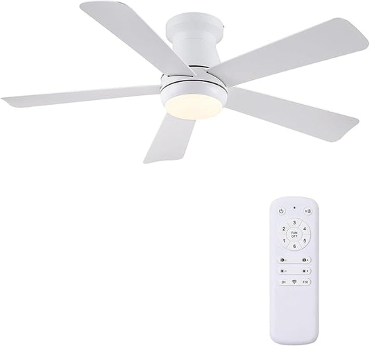 Hounberi 46 Inch Low Profile Ceiling Fan with Light, Modern Flush Mount Ceiling Fans for Low Ceilings, Quiet DC Motor Bedroom Fan, 3CCT Dimmable, Reversible Blades, High Airflow, Energy Saving, White