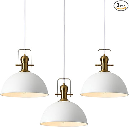 12 Inch Sandy White Farmhouse Pendant Lights for Kitchen Island Industrial Adjustable Height Vintage Dome Hanging Light Fixtures for Barn,Dining Room 3 Packs