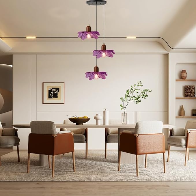 Mid Century Pendant Light 3-Light Purple Glass Chandelier Vintage Walnut Wood Hanging Pendant Lamp Art Decoration Light Fixtures Modern Pendant Lighting for Dining Room Bedroom