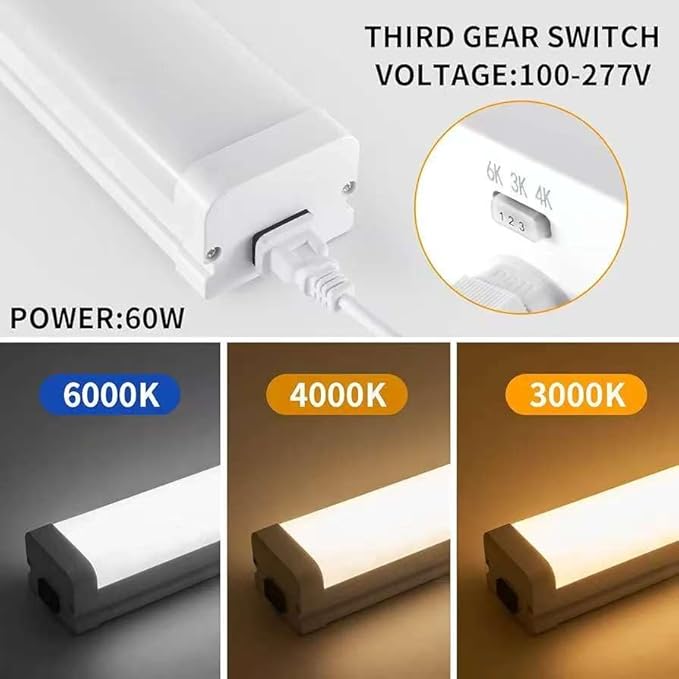 4FT Linkable 60W LED Shop Lights Warm White 3000K 4000K 6000K 6000LM for Garages Shop, Linear Work Light Fixture Hanging or FlushMount with Plug, ETL 2 Pack