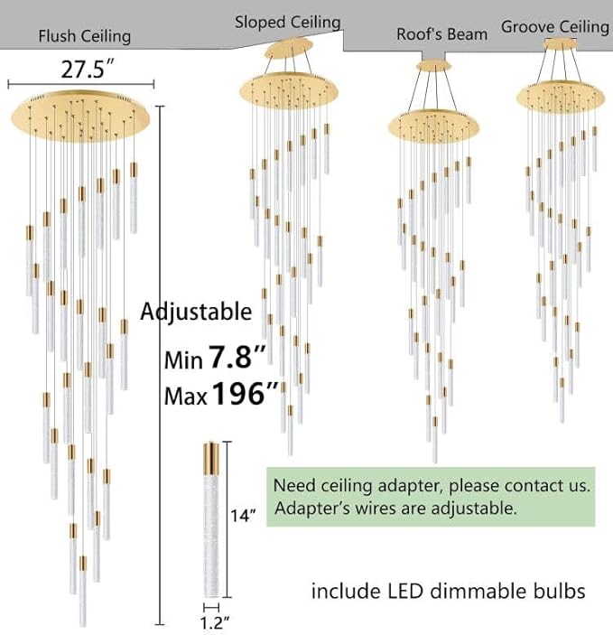 HAIXIANG 16 Foot Chandeliers for Living Room Entryway High Ceiling Light Fixtures Sloped Flush Mount Ceiling Pendant Lighting Dimmable Chandelier with Remote LED Crystal Pendants Lighting Gold Light