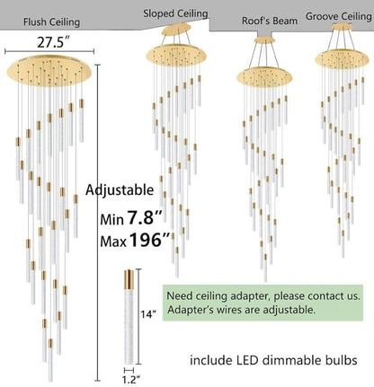 HAIXIANG 16 Foot Chandeliers for Living Room Entryway High Ceiling Light Fixtures Sloped Flush Mount Ceiling Pendant Lighting Dimmable Chandelier with Remote LED Crystal Pendants Lighting Gold Light