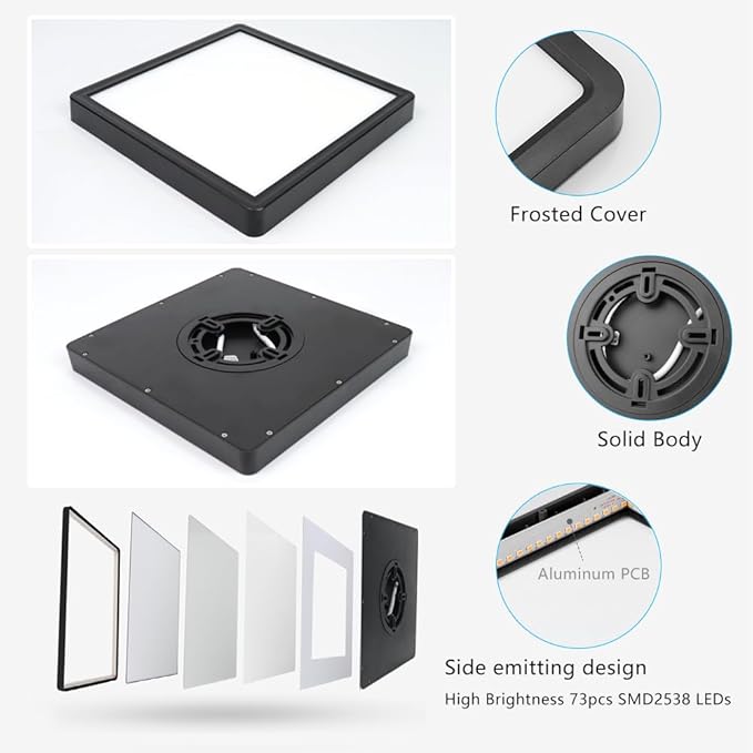 9Inch 18W Square LED Ceiling Light Fixtures Flush Mount, 5000K Daylight White LED Ceiling Lamp, Surface Mount Modern Ceiling Lights, Black Slim Flat Panel Lighting for Bedroom, Kitchen, Bathroom Etc