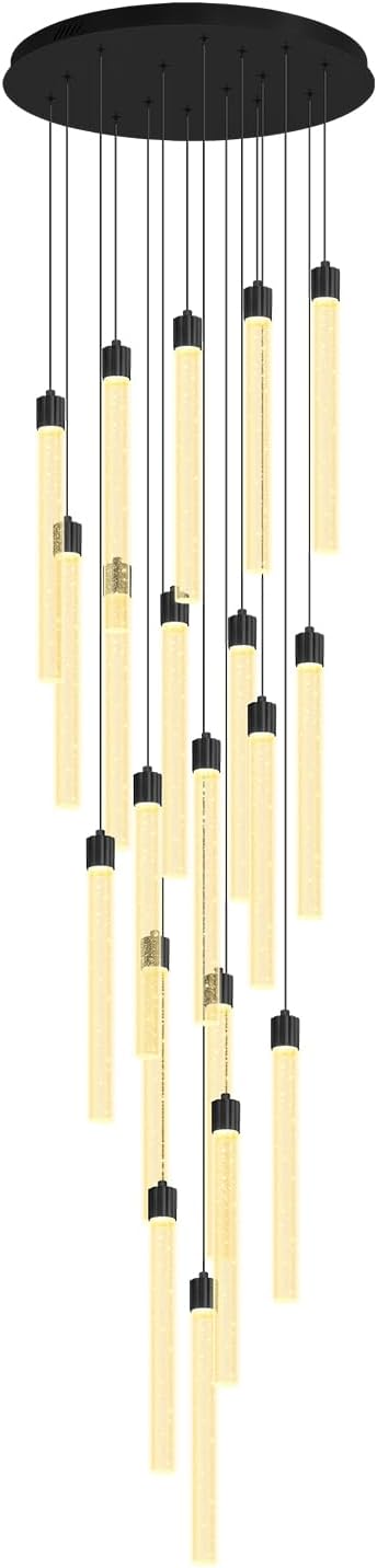 138'' Long Crystal Column Chandelier Extra Large Black Staircase High Ceiling Chandelier 20-Lights Dimmable Led Pendant Lighting Foyer Entryway Light Source is Replaceable
