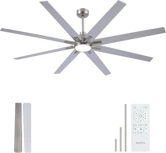 Newday 72 inch Large Ceiling Fans with Lights and Remote, Indoor/Outdoor Brushed Nickel Ceiling Fan for Living Room Patio, 6 Speeds Slient Reversible DC Motor, 3CCT, Timer, 3 Downrods, 8 Blades