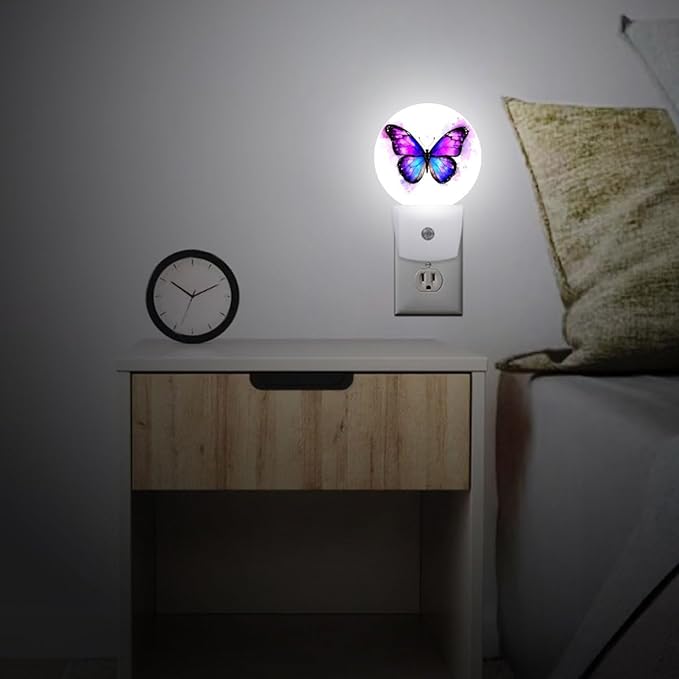 Purple Butterfly Night Light Plug Into Wall Auto Led Sleep Round Lamp for Living Room Hallway Stairs