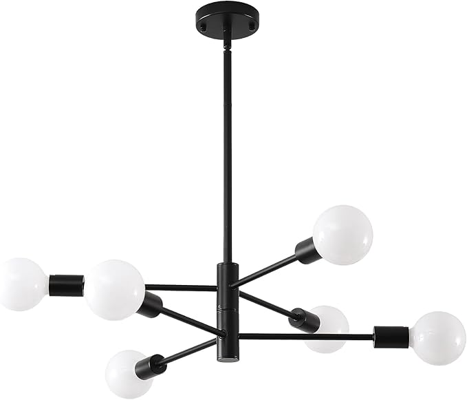 HHR Black Sputnik Ceiling Light, 6-Light Modern Chandelier with Adjustable Height, Mid Century Ceiling Lighting Fixture for Dining Room Kitchen Island Farmhouse