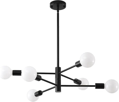 HHR Black Sputnik Ceiling Light, 6-Light Modern Chandelier with Adjustable Height, Mid Century Ceiling Lighting Fixture for Dining Room Kitchen Island Farmhouse
