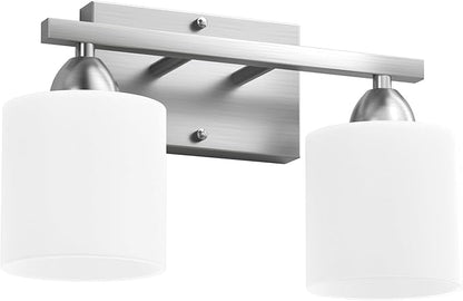 Bathroom Lighting Fixtures Over Mirror Brushed Nickel, Anti-Rust 2-Light Bathroom Vanity Lights, Modern 18Inches Wall Sconces E26 Base, Milky White Glass Shades, Bulbs Not Included