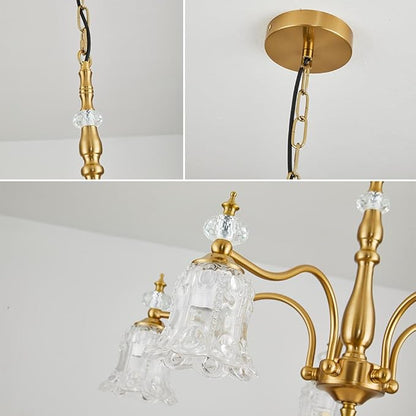 5 Lights Vintage Gold Chandelier, Elegant Rustic Chandeliers Glass Pendant Light Fixture for Dining Room Kitchen Living Room Bedroom