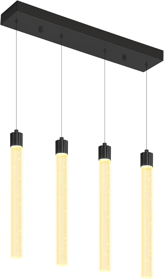 4-Lights Black Modern Crystal Column Chandeliers for Dining Room Dimmable LED Adjustable Height Hanging Pendant Light for Kitchen Island,Bedroom,Over Table,Living Room