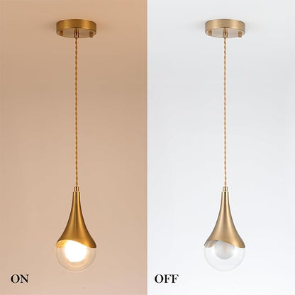 MWZ Gold Pendant Lights Kitchen Island 3 Pack, Modern Brass Raindrop Pendant Light Fixture Over Table with Clear Glass Globe Shade,Mini Teardrop Chandelier,Adjustable Cord Hanging Lighting for Sink