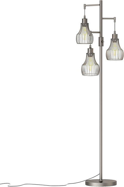 Ziisee Dimmable Floor Lamps for Living Room, Industrial Tree Standing Tall Lamps with 3 Elegant Cage Shade for Bedroom Office - Grey