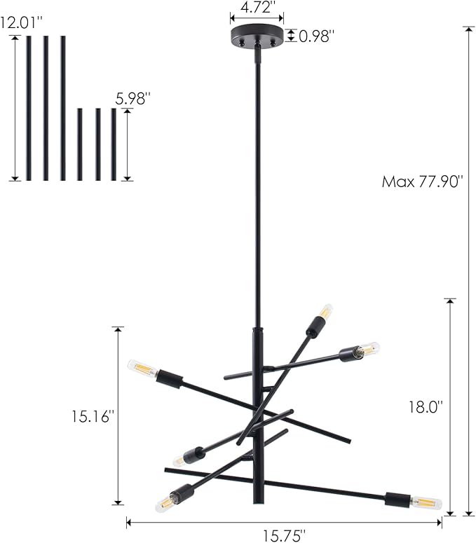 VILUXY Black Modern Chandelier Sputnik Lighting Fixture 6-LightMid-Century Ceiling Pendant Light for Dining Room Bedroom Kitchen Foyer