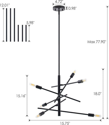 VILUXY Black Modern Chandelier Sputnik Lighting Fixture 6-LightMid-Century Ceiling Pendant Light for Dining Room Bedroom Kitchen Foyer
