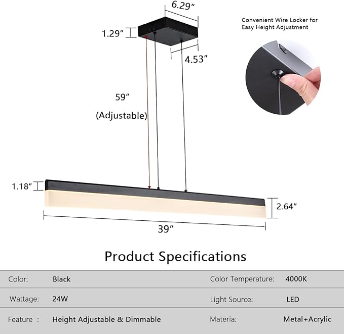 Black Wood LED Kitchen Island Lighting, 39 Inch LED Linear Pendant Light, Dimmable Ceiling Hanging Chandeliers for Dining Room Living Room Bar Pool Table 24W, Modern Farmhouse Fixture, 4000K