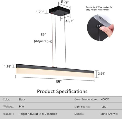 Black Wood LED Kitchen Island Lighting, 39 Inch LED Linear Pendant Light, Dimmable Ceiling Hanging Chandeliers for Dining Room Living Room Bar Pool Table 24W, Modern Farmhouse Fixture, 4000K
