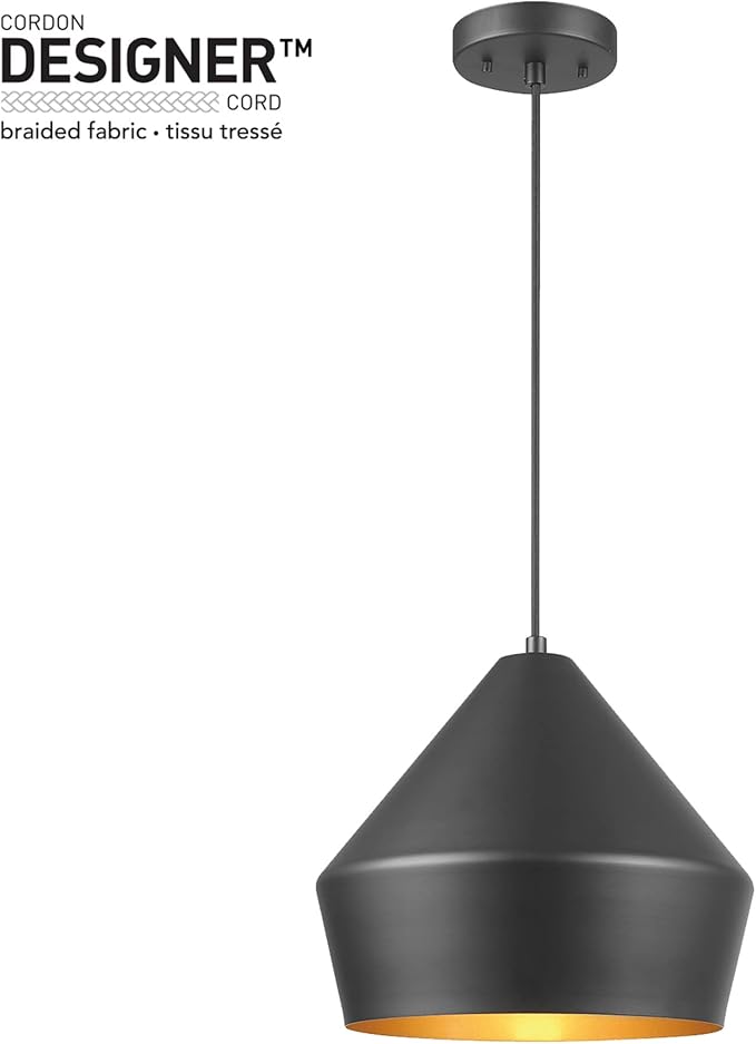 Globe Electric 65841 Amara 1-Light Pendant Lighting, Matte Black, Gold Interior, Bulb Not Included