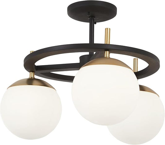 GEORGE KOVACS P1357-618 Alluria Semi-Flush, 3-Light, 225 Total Watts, 12.5-in H x 18-in W, Weathered Black with Autumn Gold