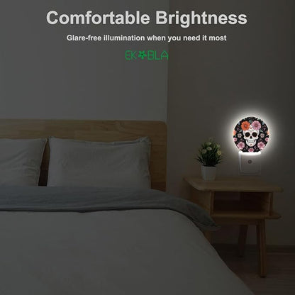 EKOBLA Floral Skull Plug-in Night Light, Skeleton & Flower LED Nightlight with Auto Sensor for Bedroom & Hallway