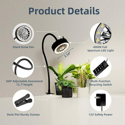 Full Spectrum LED Grow Light with Built-in Cooling Fan, Clip on Plant Lights for Indoor Plants, 2/4/8/12H Auto Timer, 3 Dimmable Levels, CRI 90+ Lamp for Plant Shelves & Succulents 1 Pack
