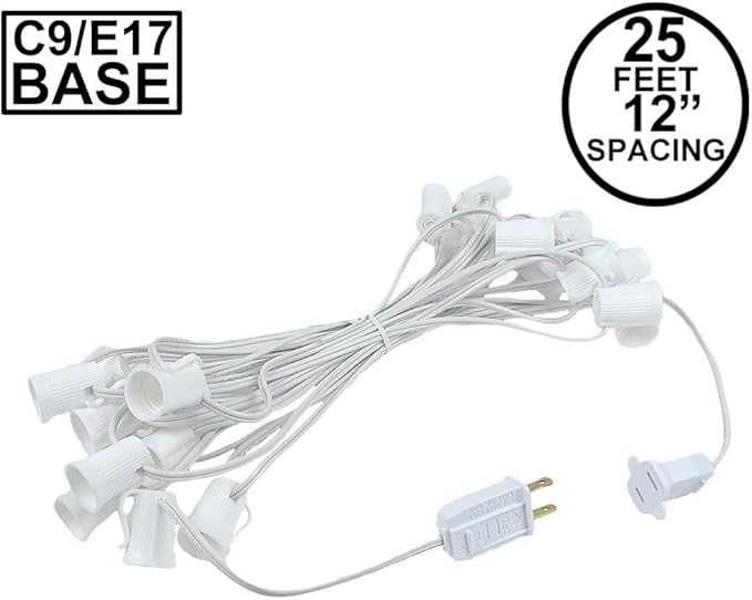 Novelty Lights 25 Foot String Light Set - Indoor/Outdoor Stringer Set for Christmas, Wedding Decor, Patios, & More - C9/E17 Intermediate Base (White Wire, 12" Spacing)