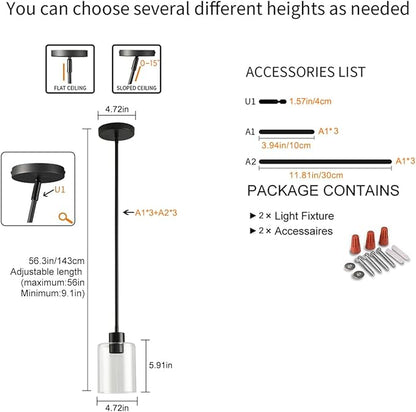 Black Pendant Lights Kitchen Island,Modern Farmhouse Glass Pendant Light,Light Fixture Kitchen Pendant Mini Hanging Light Fixture for Sink (Black 2 Pack Stem Rod)
