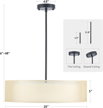 VONLUCE 3-Light Drum Chandeliers, 20" Pendant Light Fixture with 2-Layer Fabric Shade E26 Bases, Adjustable Swivel Joint Hanging Light Fixture for Bedroom Living Room Kitchen Hallway, Matte Black