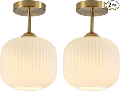 Milk Glass Flush Mount Ceiling Light Small Mid Century Modern Kitchen Lighting Fixtures Vintage Brushed Gold Semi Flush Mount Ceiling Light for Bedroom Hallway (2 Pack)