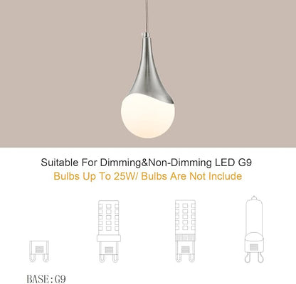 MWZ Brushed Nickel Plug in Pendant Light,Hanging Lights with On/Off Switch Cord,Mini Silver Pendant Lights for Kitchen Island,1-Light Modern Raindrop Chandelier Lamps with White Globe Glass Shade
