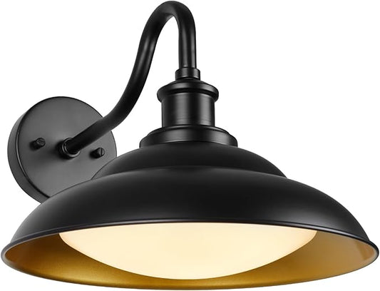 LED Outdoor Barn Lights, 12 Inch Farmhouse Exterior Wall Light Fixtures with Adjustable Color Temperature, Black Porch Lights Outside for House, Outdoor & Indoor, Gold Interior, 1 Pack