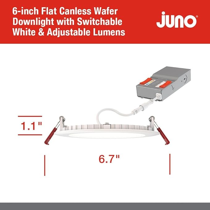 Juno WF6 ALO20 SWW5 90CRI MVOLT MW M6 Canless LED Wafer Downlight, Switchable White 2700K-5000K, Adjustable Lumens, Flat Trim, Matte White, 6-Inch