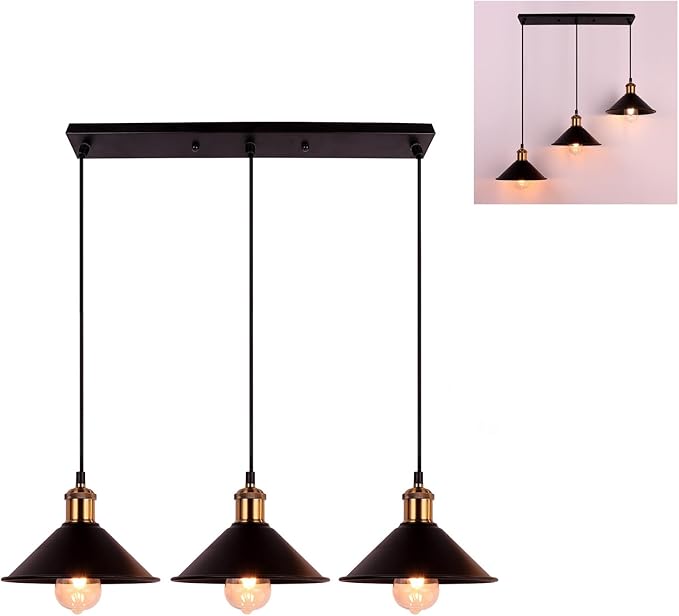FIRVRE 3-Light Industrial Pendant Light Fixture, Adjustable Metal Hanging Lamp, Vintage Pendant Lighting for Kitchen,Restaurant,Dining Room,Cafe(Bulb Not Included)