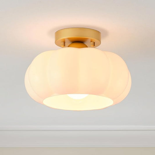 Vintage Semi Flush Mount Ceiling Light,Mid Century Modern Ceiling Lights,10 Inch Milk White Glass Shade with a Gold Base,for Bedroom,Kitchen,Hallway,Entryway