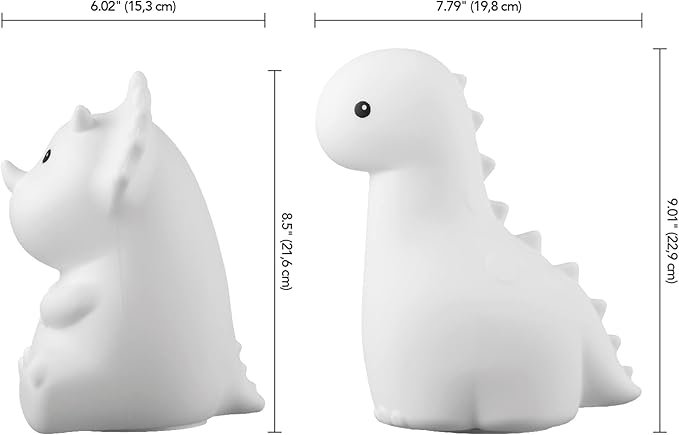GLOBE Electric 13360 6" Triceratops and 9" Brontosaurus Giggling Dinosaur Duo Multicolor Changing Integrated LED Rechargeable Silicone Night Light, White, Table Lamps for Living Room, Bedroom, Den