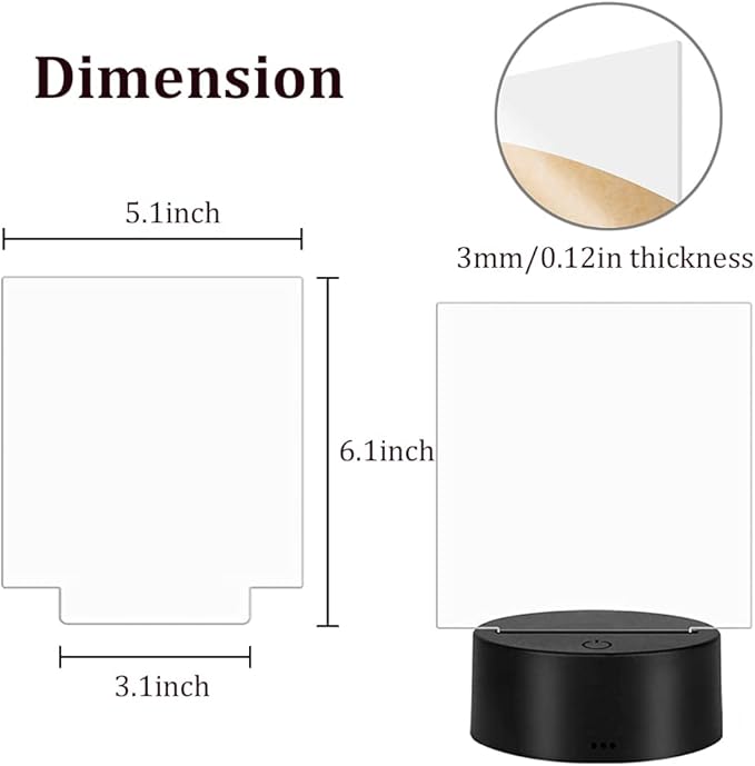 26-Set 3D Night LED Light Lamp Base with Square Round Acrylic Sheet, Includes Remote Control + USB Cable, 16 Colors Decoration Maison Decorative Lights for Bedroom Child Room (Black)