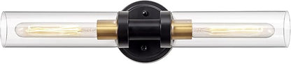 Bathroom Sconces Wall Lighting W/ Clear Glass, 2-Light Bathroom Vanity Light Fixtures, Modern Wall Lights for Mirror Living Room Hallway, Black and Gold Brushed Brass, E26 T10 Bulbs(Excluded)