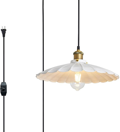 Hanging Lamp Plug in White 15.7 Inch Metal Lampshade Pendant Light Adjustable 14Ft Cord Pendant Light Plug in Living Room Bedroom Farmhouse Industrial Hanging Lights