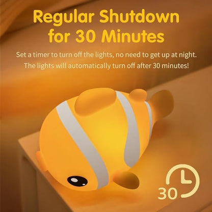 Cute Clownfish Night Light, Rechargeable LED Dimmable Silicone Lamp, Touch Control Novelty Bedside Light for Bedroom, Desk and Room Decor