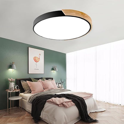 LED Ceiling Light Fixture,12 Inch Modern Wood Recessed Ceiling Lights, Dimmable Light,Black 24W Close to Ceiling Lighting Flush Mount Living Room Bedroom,3000K-6000K