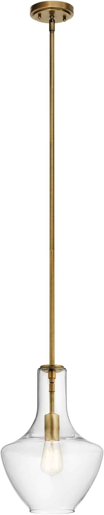 Kichler Everly Single Light Bell Pendant Light Fixture with Clear Glass in Natural Brass for Kitchen Island, Dining Room, or Home Bar (15.25" x 10.5"), 42456NBR