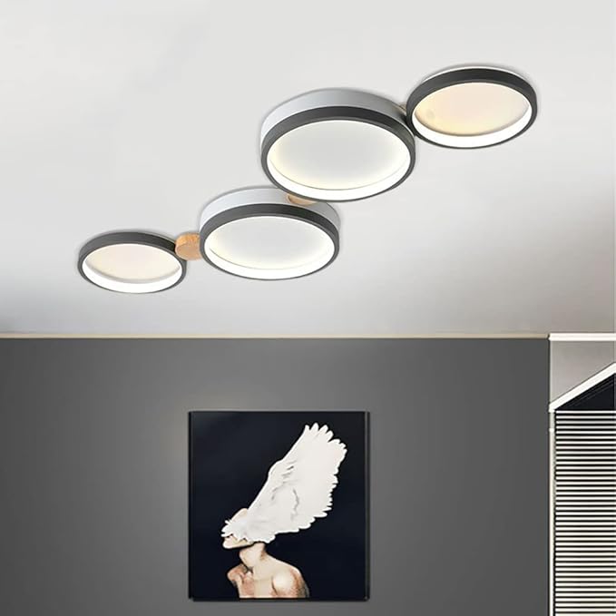 4-Lights LED Ceiling Light Fixture,23 Inch Modern Ceiling Lights Flush Mount Wooden 30W Dimmable Chandelier for Living Room Bedroom Kitchen,3000K/4000K/6000K Temperatures Selectable Grey