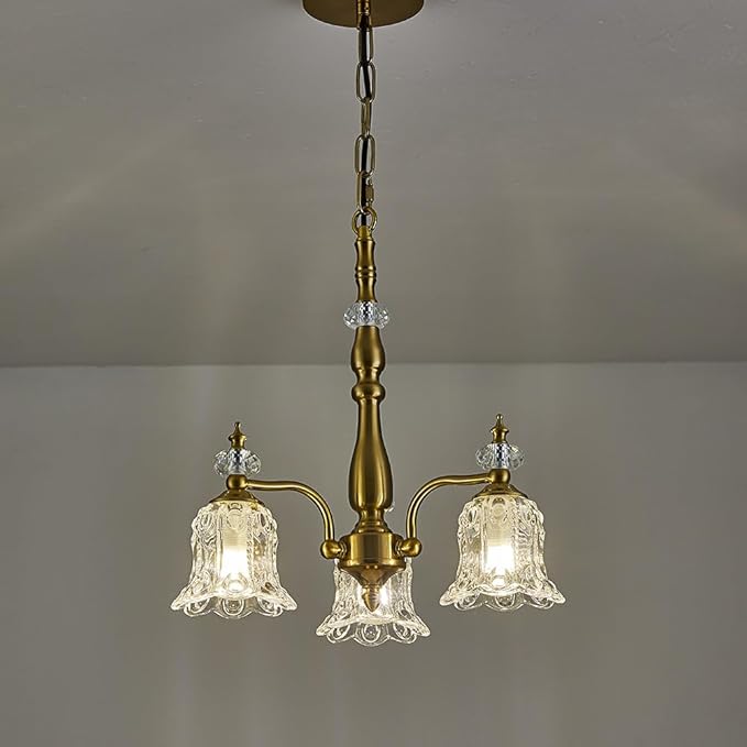 3 Lights Gold Chandelier,Vintage Elegant Rustic Chandeliers Glass Pendant Light Fixture for Dining Room Kitchen Living Room Bedroom