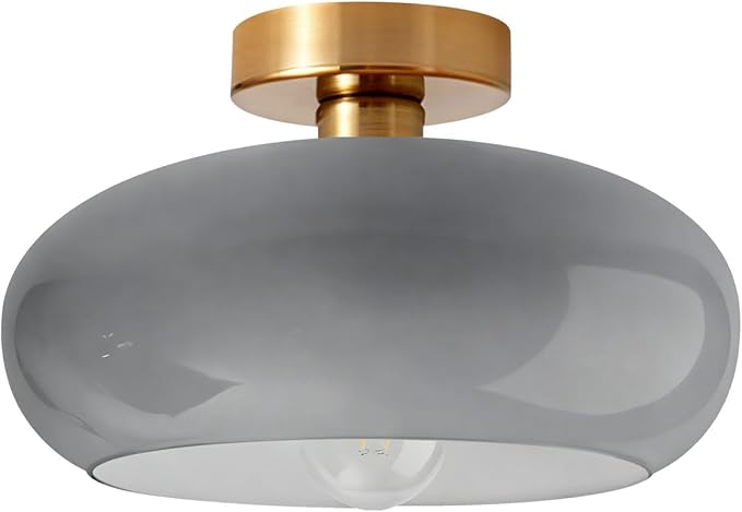 Mid Century Light Fixture Vintage Ceiling Light - Milk Glass Gray Shade Semi Flush Mount Ceiling Lights fixtures Gold Brass Flush Mount Lights for Entryway Foyer Hallway Hall Bedroom