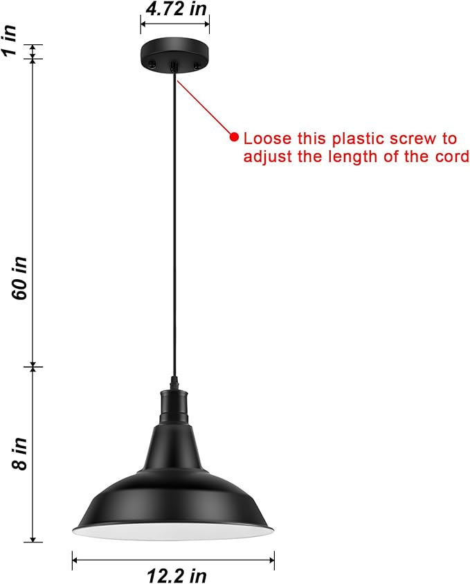 LOEHINLE Pendant Light Fixtures, 2Pcs Farmhouse Kitchen Island Lights Fixture, Industrial Hanging Pendant Lighting for Dining Room Bedroom, Black Metal Pendant Lamp, E26 Base, 12.2in